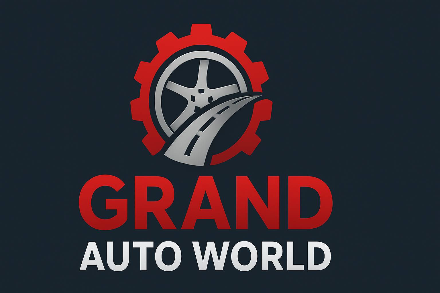 Grand Auto World logo featuring a red gear with a wheel and road icon, representing cars and automobiles