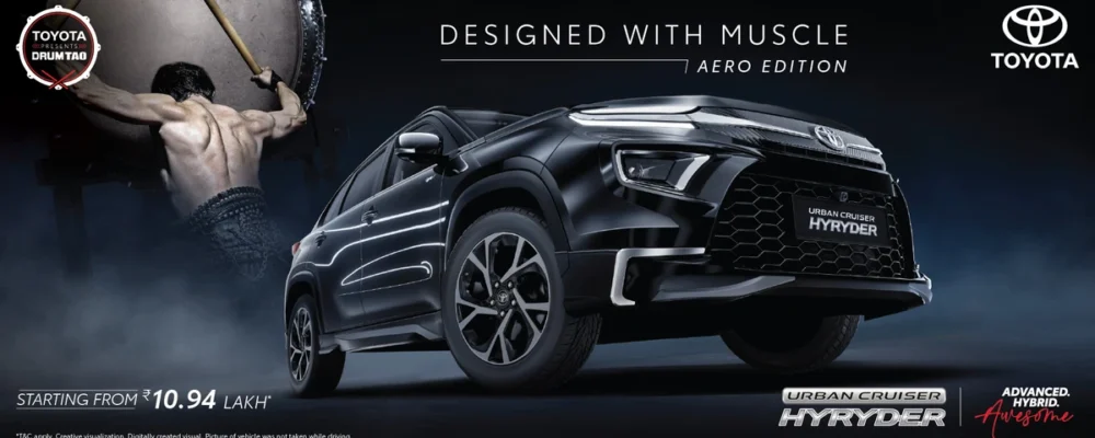 Toyota Hyryder Aero Edition front view with spoilers & side skirts