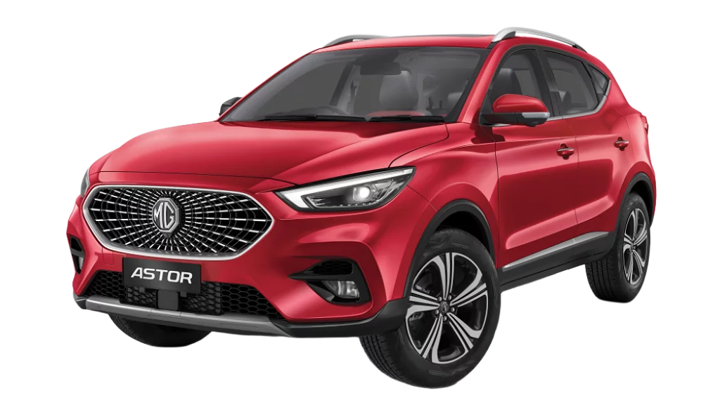 Two compact premium SUVs — the blue Tata Curvv Base and the red MG Astor Sprint