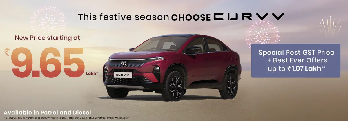 Two compact premium SUVs — the blue Tata Curvv Base and the red MG Astor Sprint