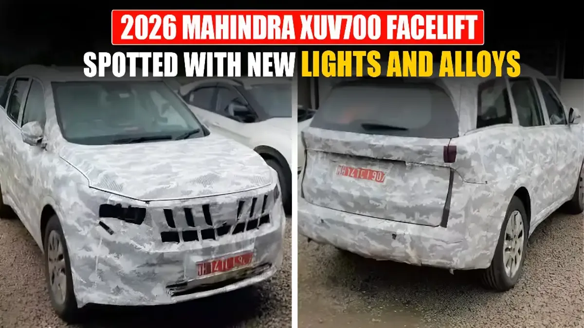 Spy shots of Mahindra XUV700 facelift showing new grille, triple-screen interior and updated headlights
