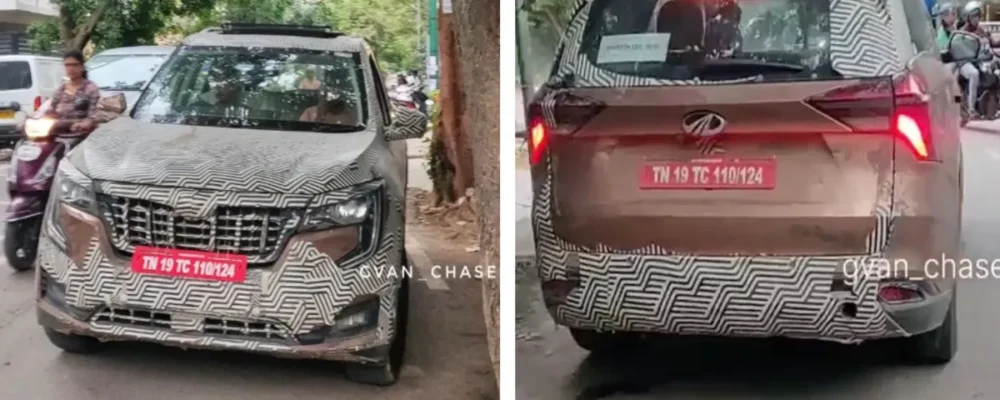 Spy shots of Mahindra XUV700 facelift showing new grille, triple-screen interior and updated headlights