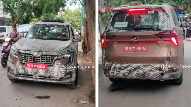 Spy shots of Mahindra XUV700 facelift showing new grille, triple-screen interior and updated headlights
